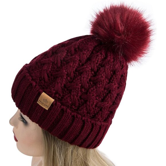 Women’s Wine Red Winter Ribbed Beanie Hat Chunky Cable Knit Pompom Warm - Picture 3 of 6